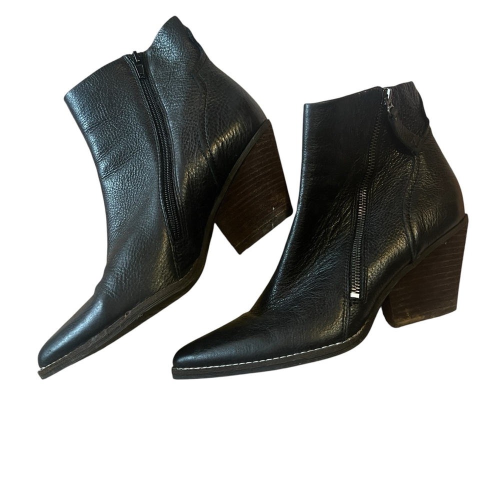 Zodiac Black Leather Pointed Ankle Booties with Stacked Heel